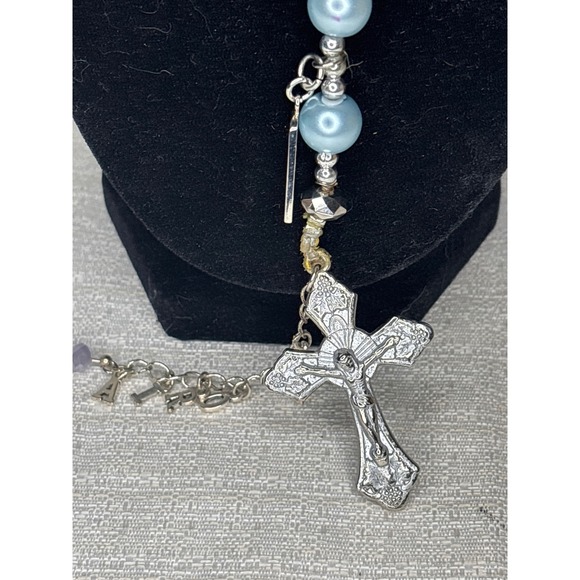 Blue Pearl Religious Rosary Necklace Charm Accents Mother Pray Crown Cross Angel - Picture 2 of 10